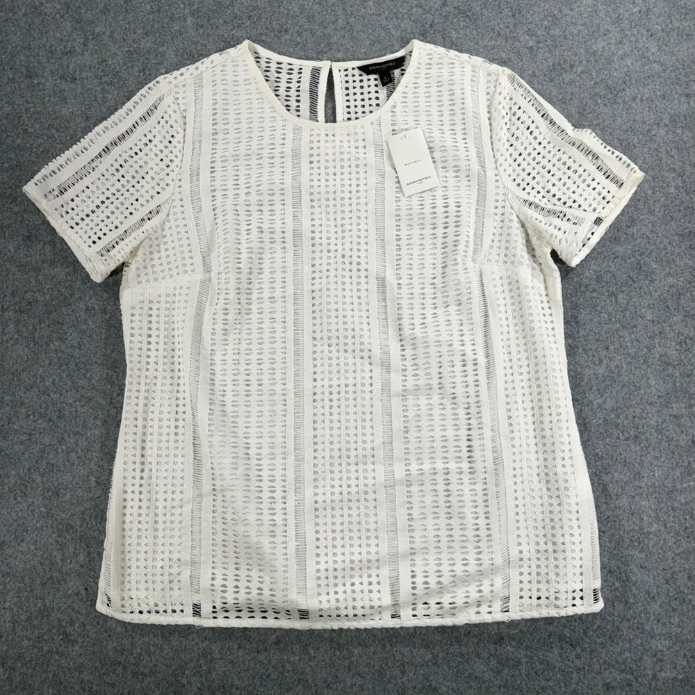 Banana Republic Womens White Eyelet Lace Short Sleeve Keyhole Blouse Top Large